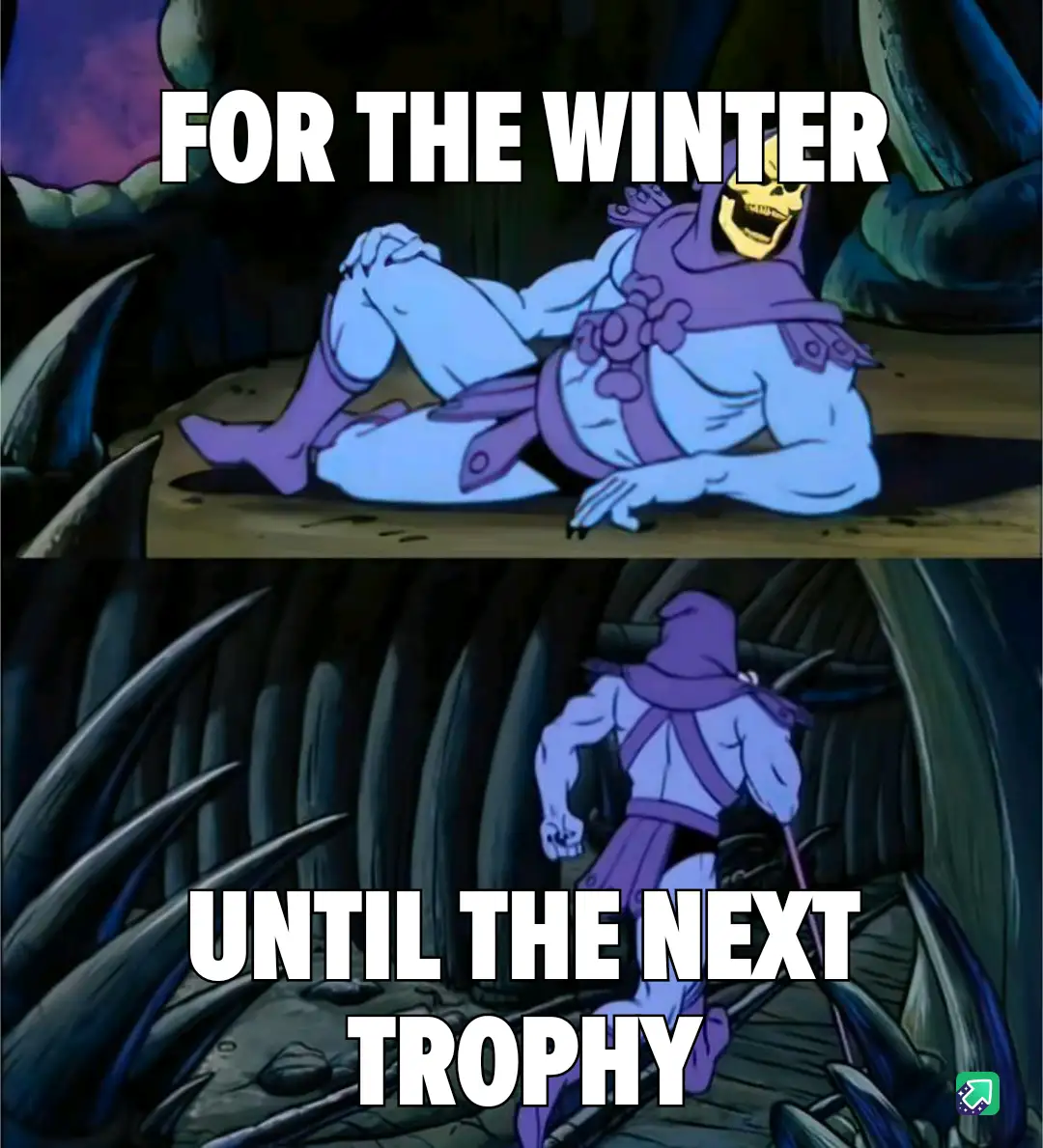 The meme features two panels from the animated series 'He-Man and the Masters of the Universe'. In the top panel, Skeletor…