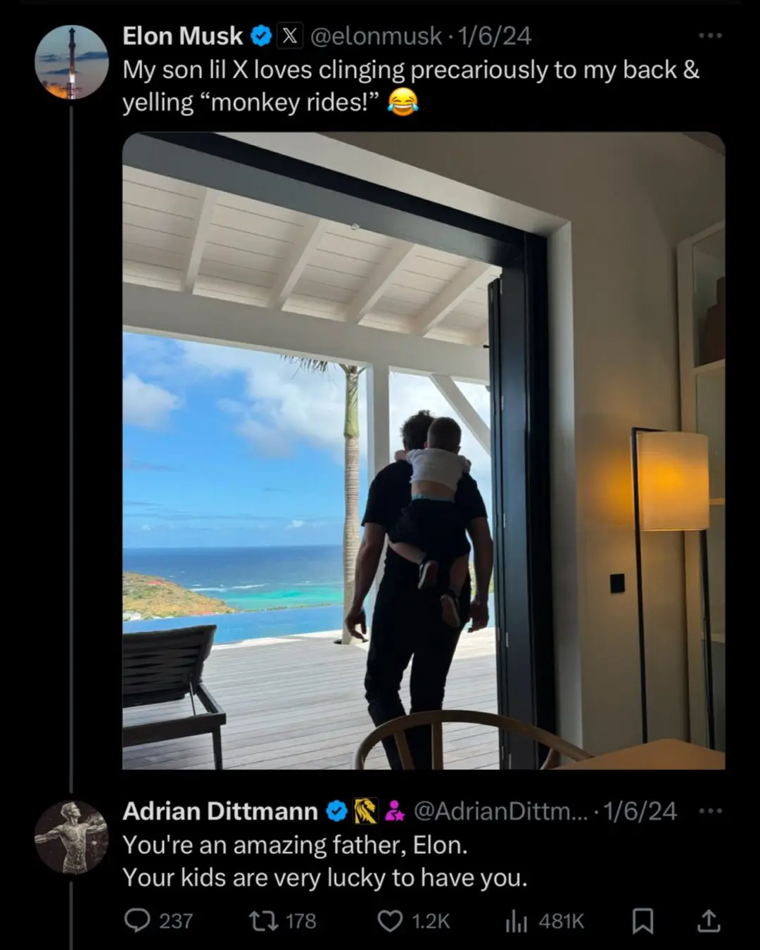 A screenshot of Elon Musk's X post showing him from behind carrying a small child on his back as they walk toward a balcony…