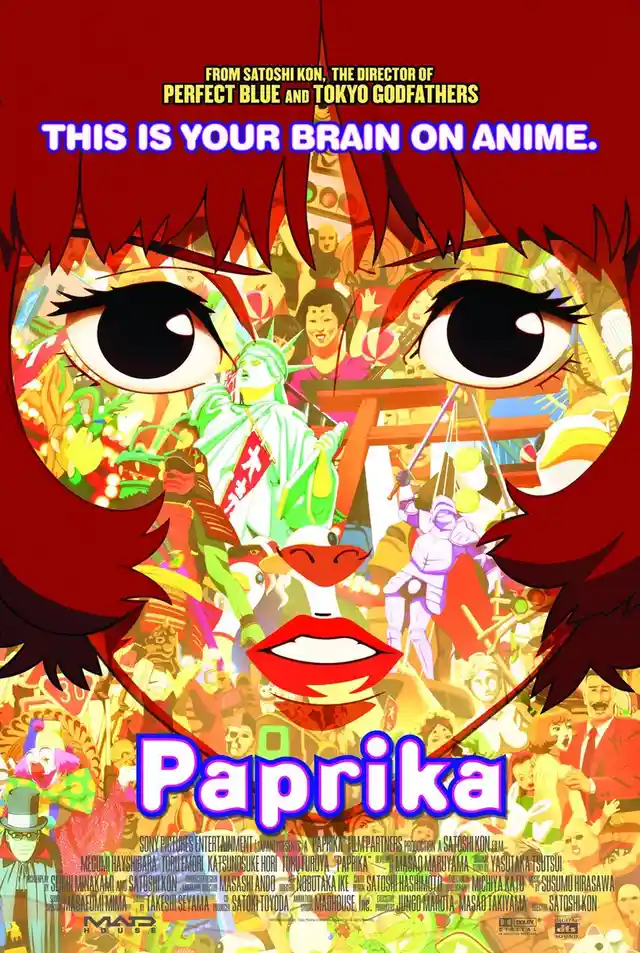The image is a movie poster for 'Paprika' by Satoshi Kon, featuring a large anime-style face with red hair and wide eyes…