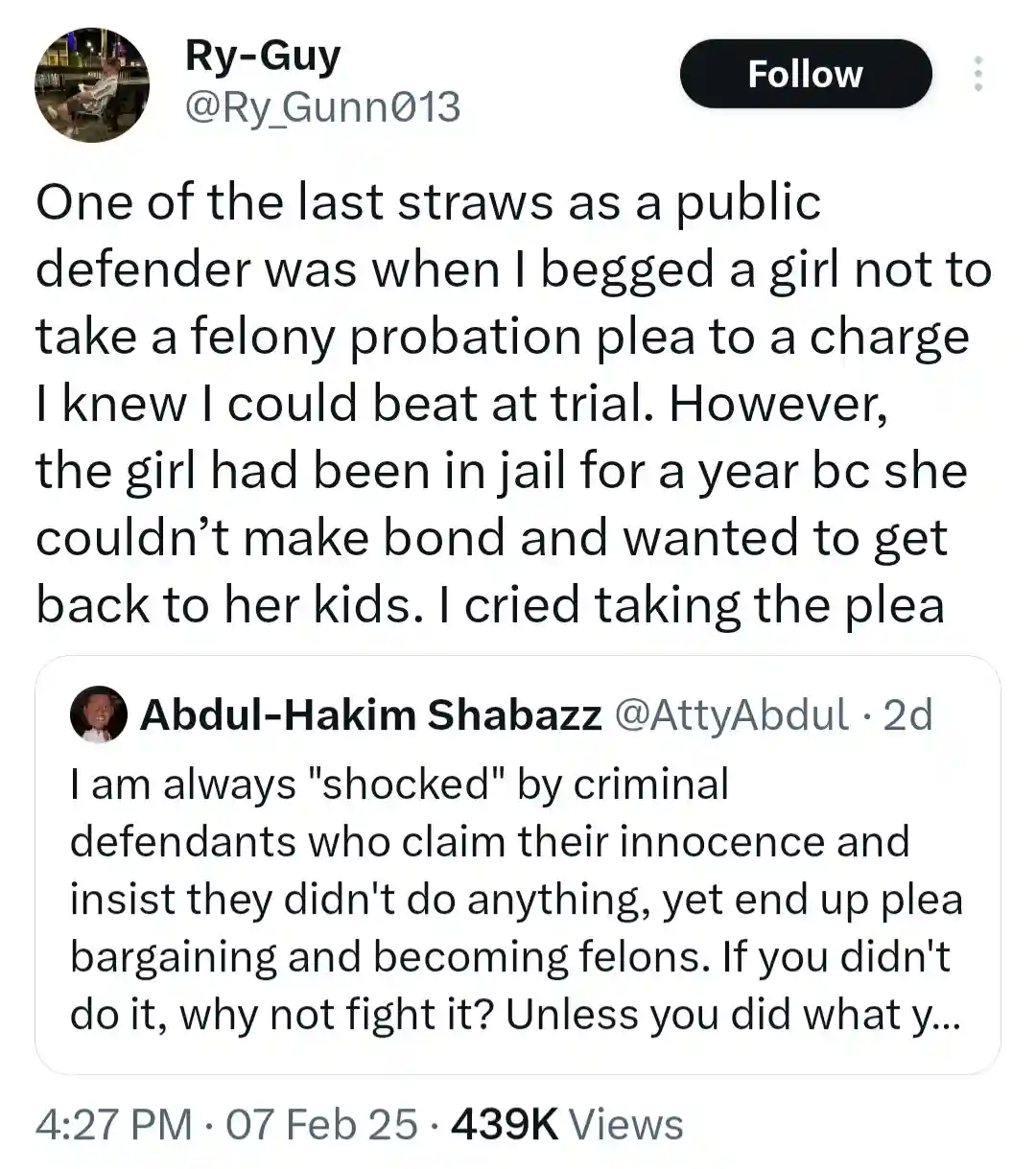 A screenshot of a Twitter thread showing a public defender's emotional plea for a client to avoid a felony plea deal…
