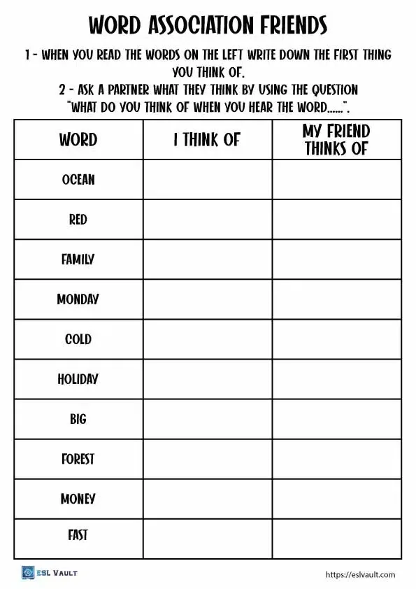 A black-and-white printable worksheet titled 'WORD ASSOCIATION FRIENDS' with instructions to write down first thoughts for…