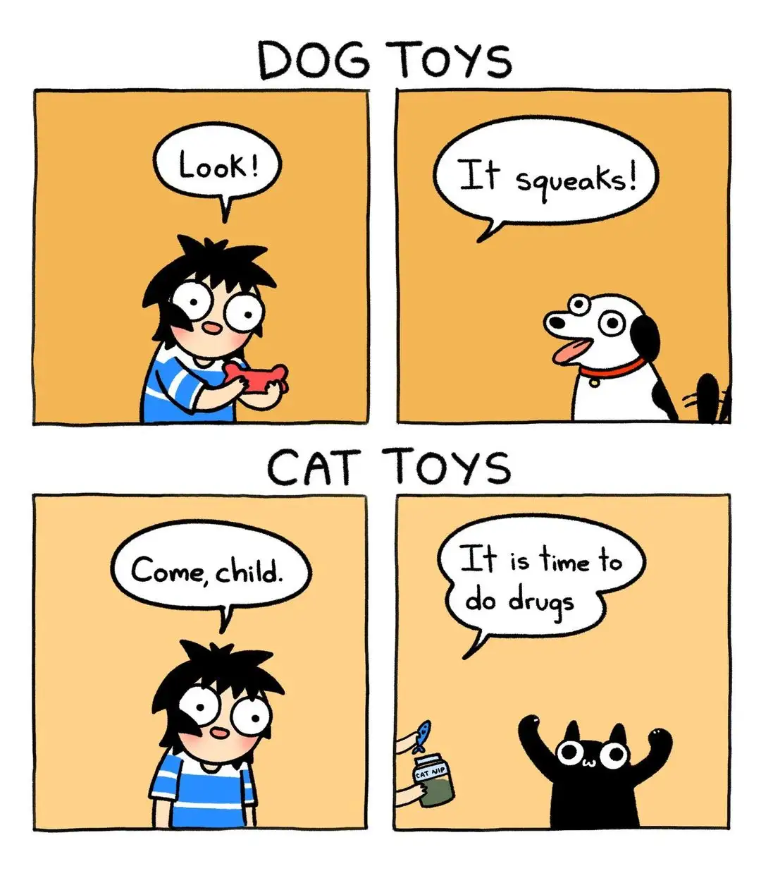 A four-panel comic strip compares dog and cat toy reactions. Top panels show a child showing a squeaky red toy to a happy…
