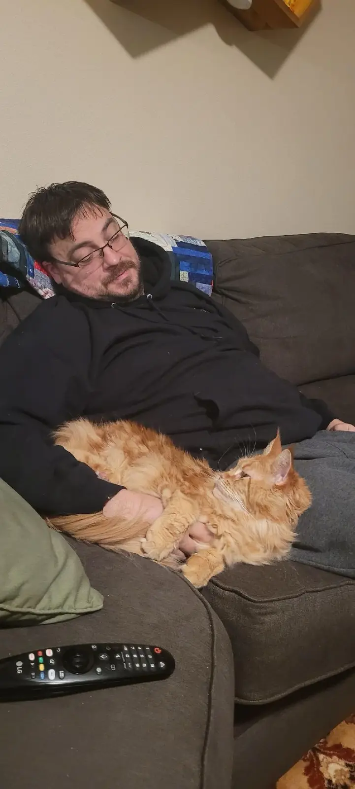 A man with glasses and a beard is lying on a couch, holding a large orange cat that is also resting. An LG remote control is…
