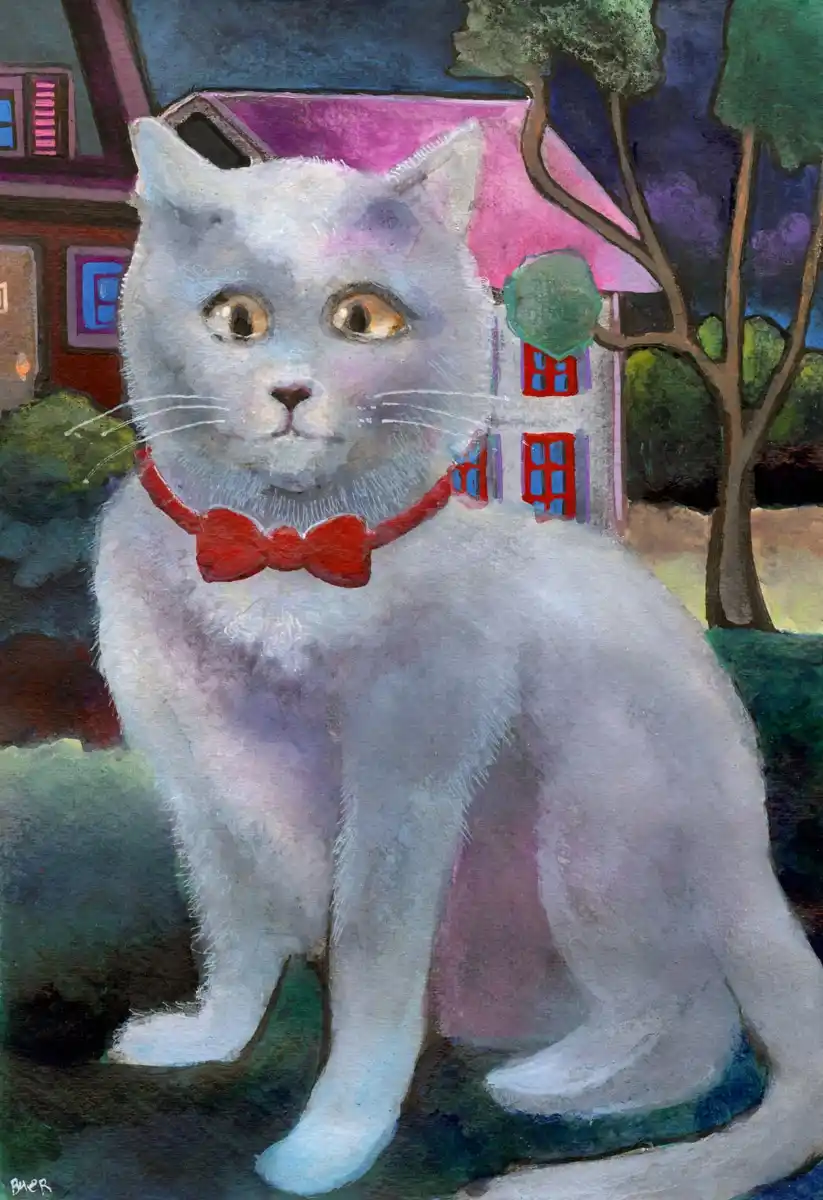 A painting of a white cat wearing a red bowtie, sitting in front of a stylized house with purple and pink hues. The cat has…