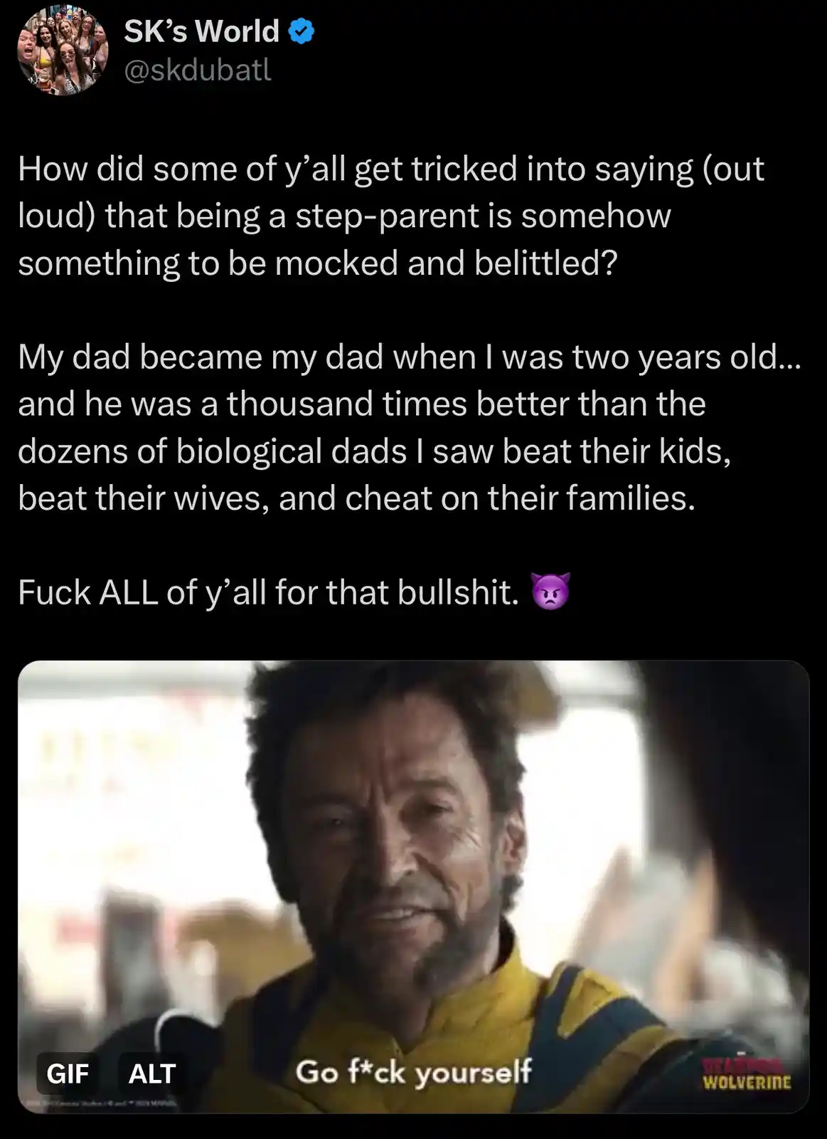 A screenshot of a tweet by 'SK's World' expressing anger at people who mock step-parents, citing a personal story about a…