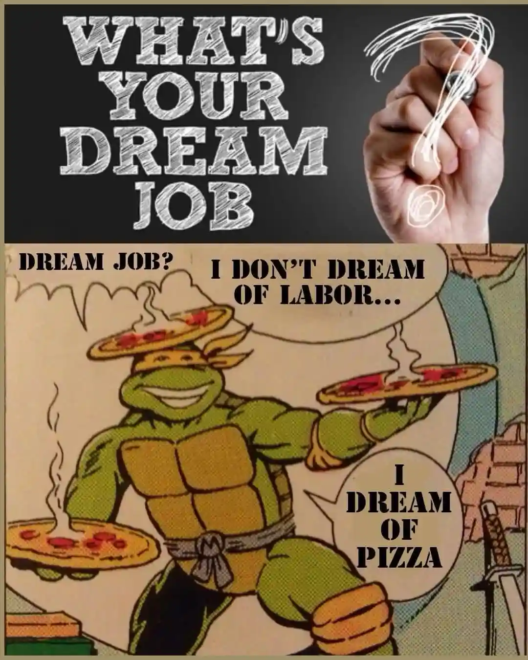 A meme image features Michelangelo from Teenage Mutant Ninja Turtles, holding steaming pizzas, with text bubbles reading…