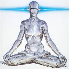 A silver humanoid robot sits cross-legged in a meditative pose with eyes closed, a blue horizontal beam of light slicing…