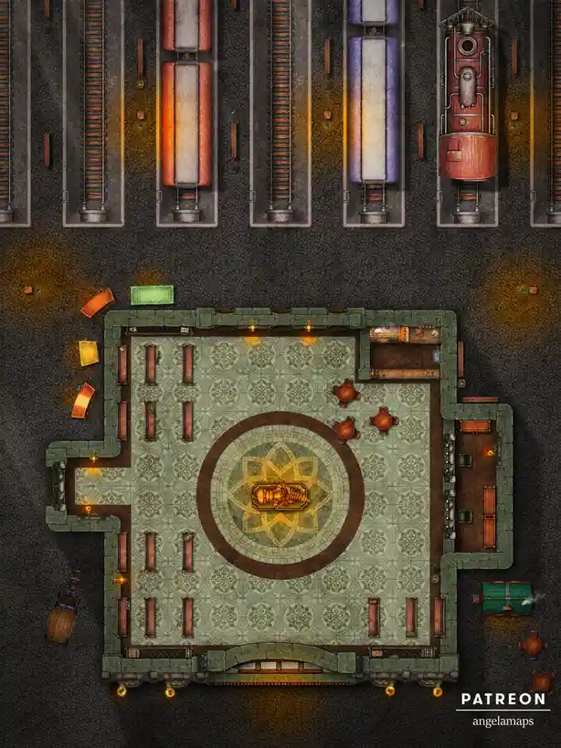 An overhead view of a detailed fantasy dungeon map featuring a central tiled hall with a mosaic floor, surrounded by…