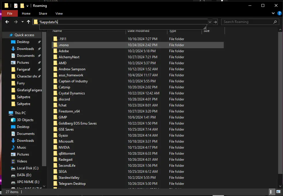 A screenshot of a Windows File Explorer window showing the contents of the %appdata% folder, which contains folders for…