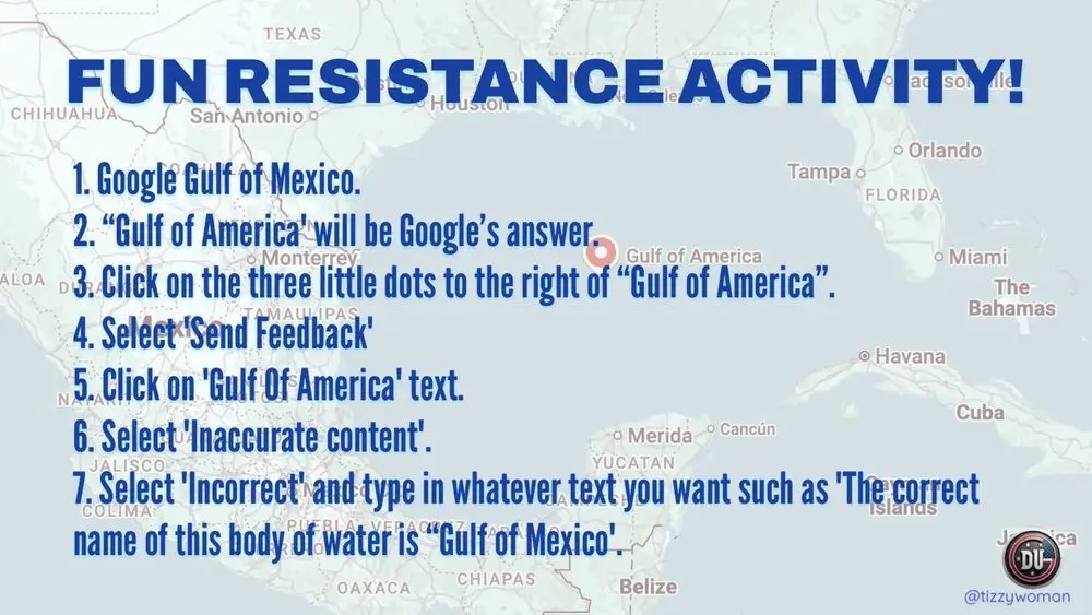 A map of the Gulf of Mexico region with overlaid text instructing users to perform a 'fun resistance activity' by correcting…