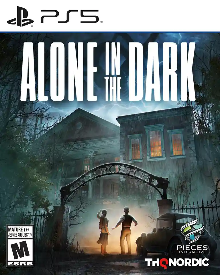The image is the official cover art for the PS5 game 'Alone in the Dark', showing two characters standing under a…