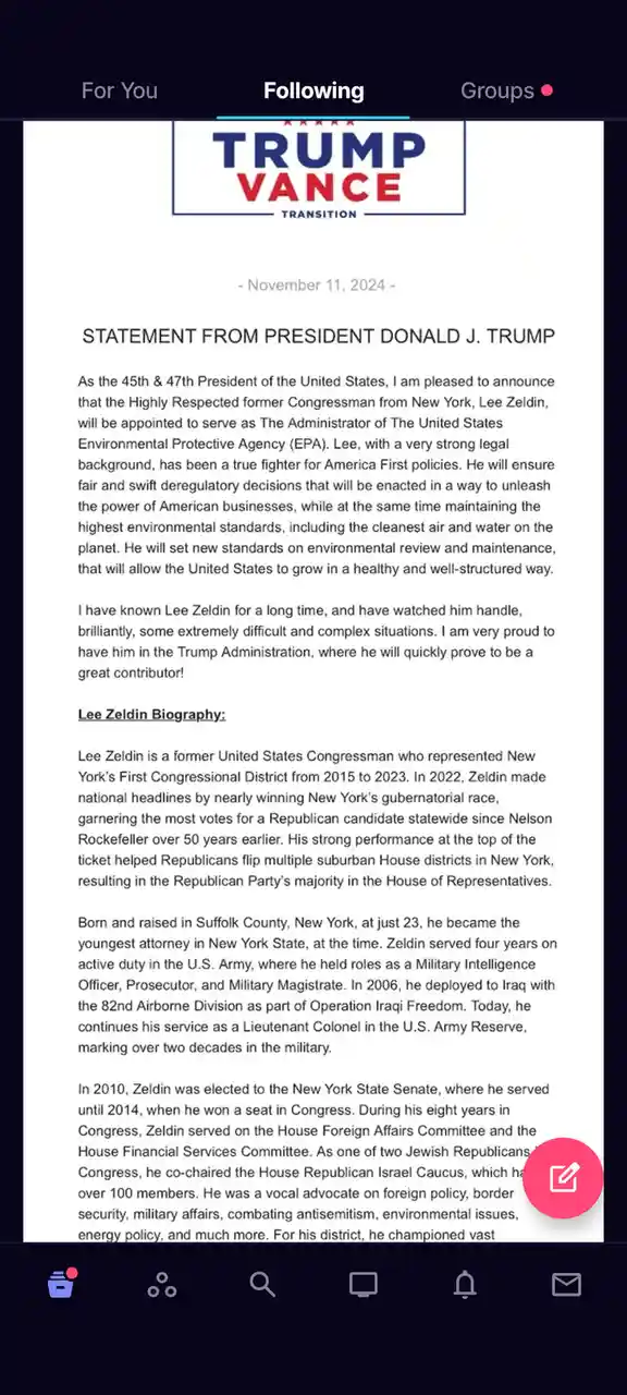 A fake 'Trump Vance Transition' document dated November 11, 2024, announces Lee Zeldin as Administrator of the EPA, praising…
