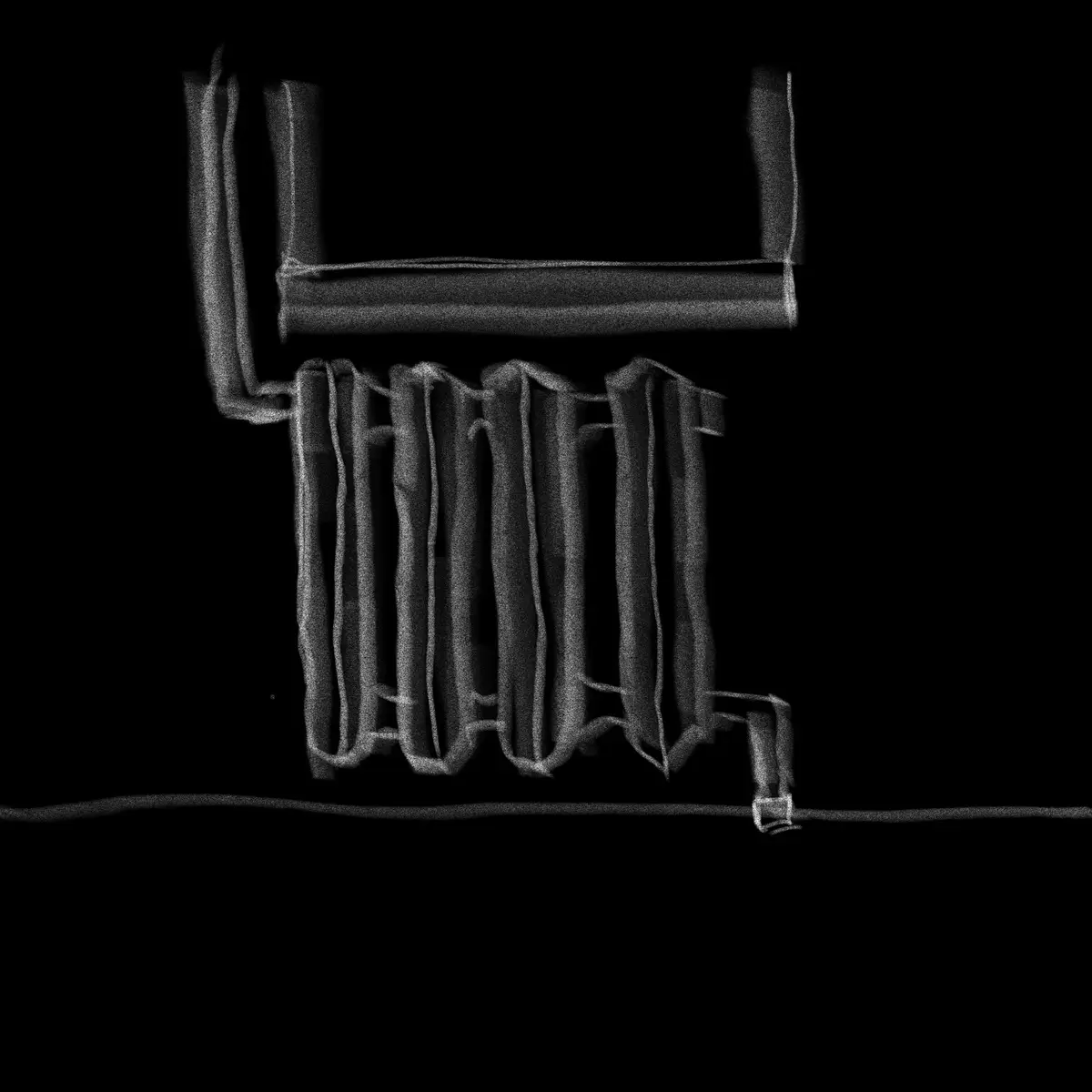 A black-and-white, grainy, sketch-style image shows a radiator with a chair-like top section, appearing to be drawn with…