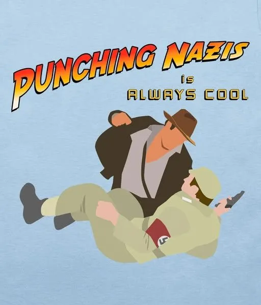 A cartoon illustration shows a man in a fedora and trench coat punching a Nazi soldier in a beige uniform with a red…