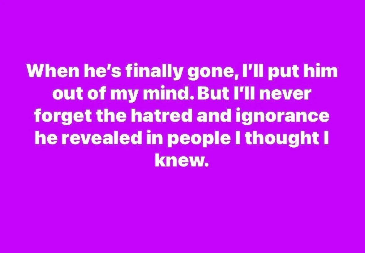 A solid purple background with white text centered, reading: 'When he's finally gone, I'll put him out of my mind. But I'll…