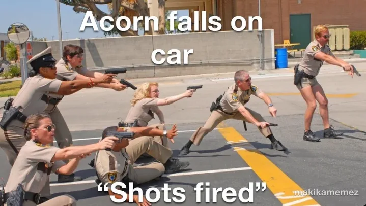 A group of police officers in uniform are shown aiming their handguns in various dynamic poses on a street, with overlaid…