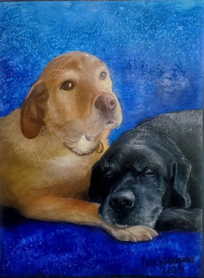 A painting of two dogs, a tan one looking alert and a black one sleeping, against a textured blue background. The tan dog…