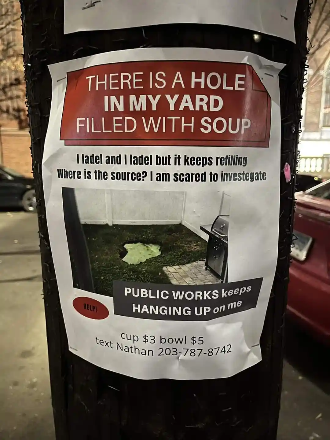 A flyer taped to a pole shows a backyard with a hole filled with greenish liquid, overlaid with text claiming the hole is…