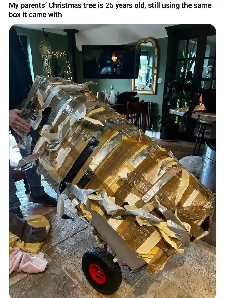 A person is holding a large, heavily taped cardboard box that appears to be a Christmas tree stand or tree itself, wrapped…