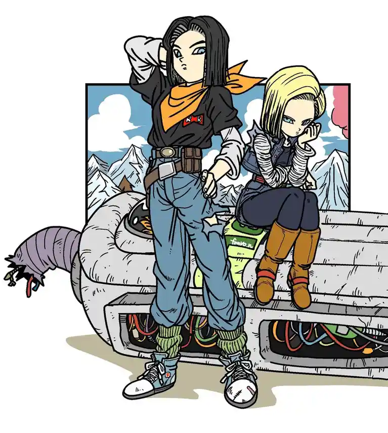 Two anime-style characters, one standing with a hand behind their head and the other sitting with a hand on their cheek…