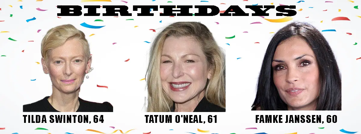 The image displays three headshots of actresses Tilda Swinton, Tatum O'Neal, and Famke Janssen, each labeled with their name…