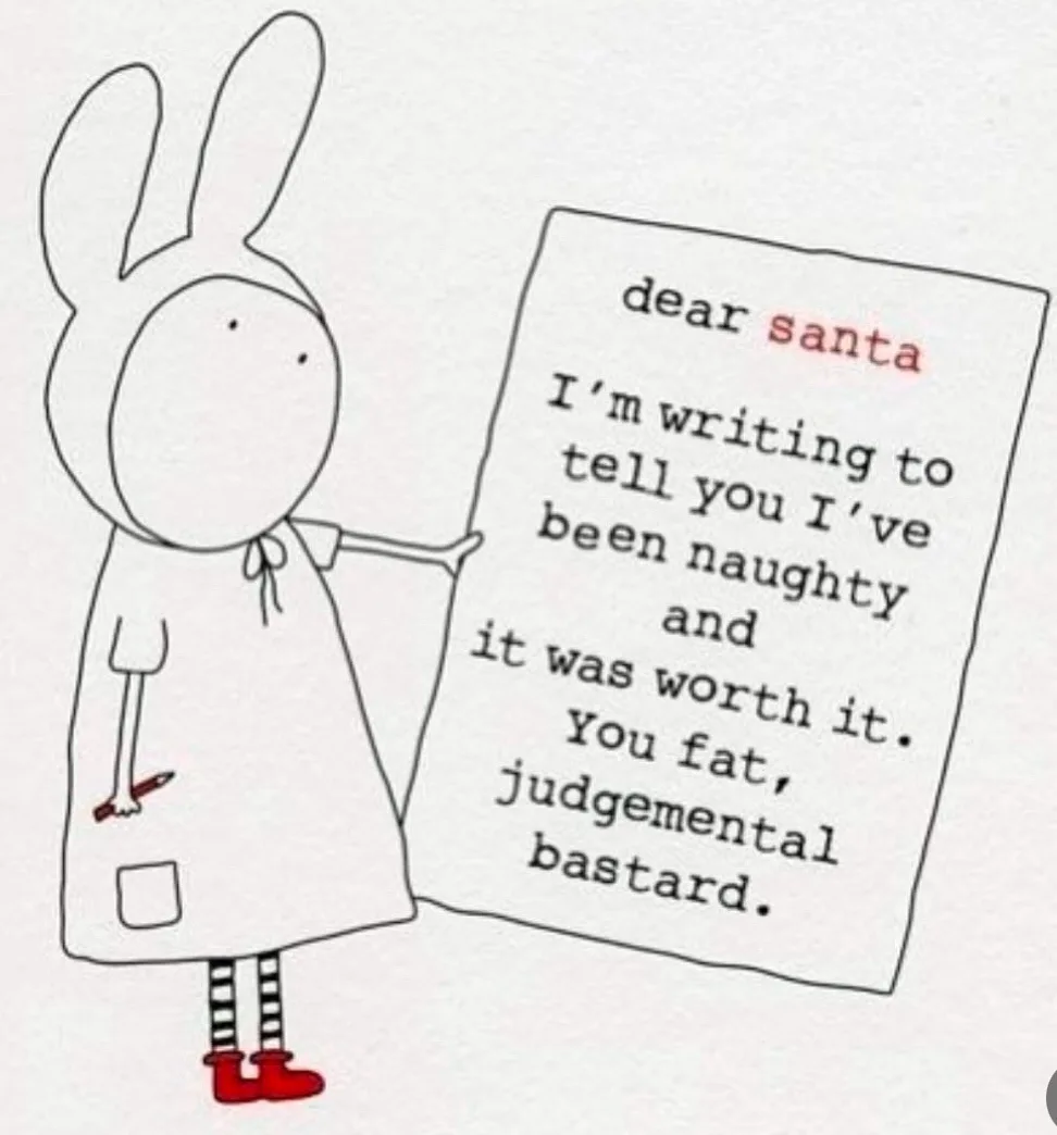 A simple line drawing of a child-like figure wearing a bunny costume, holding a letter addressed to Santa. The letter…