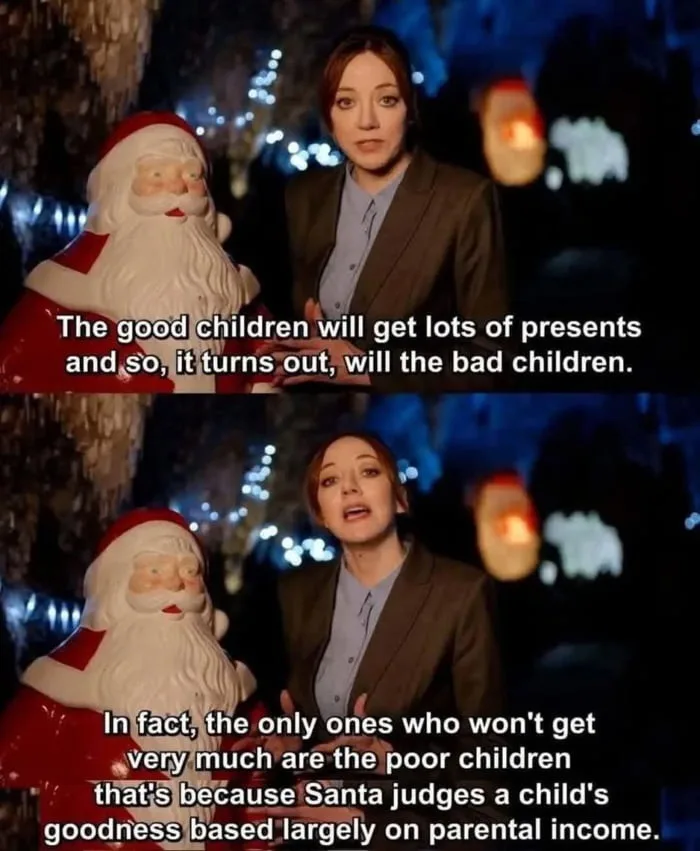A two-panel meme featuring a woman standing next to a plastic Santa Claus statue at night. In the top panel, she says, 'The…