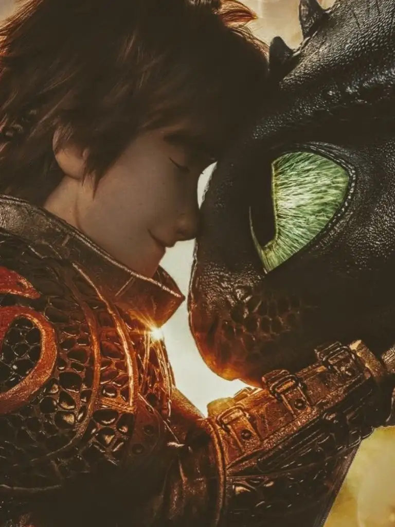 A close-up image shows a young human character with brown hair and closed eyes, wearing ornate armor, gently touching the…