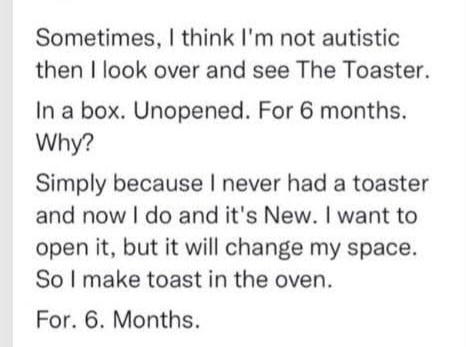 A white-background image displays a block of black text describing a person's humorous reluctance to open a new toaster…
