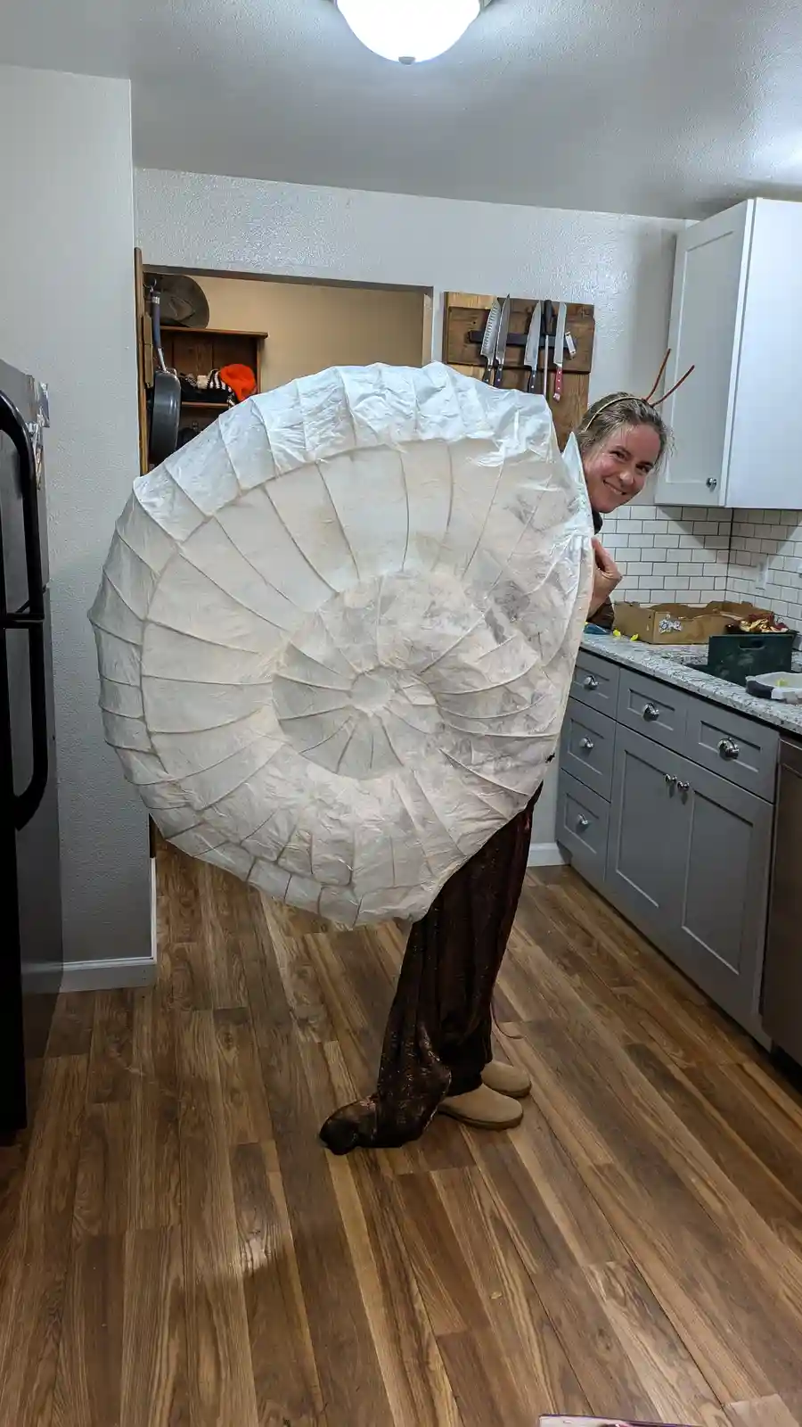 A person in a kitchen is wearing a large, white, spiral-shaped nautilus shell costume that covers their torso and head, with…