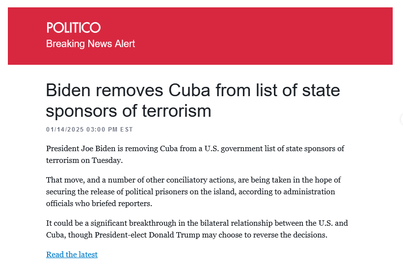 A screenshot of a Politico news article with a red header reading 'POLITICO Breaking News Alert'. The headline states 'Biden…