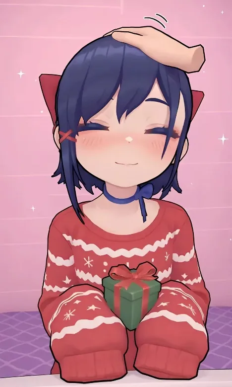 An anime-style girl with blue hair and cat ears, wearing a red holiday sweater, sits holding a green gift box while a hand…