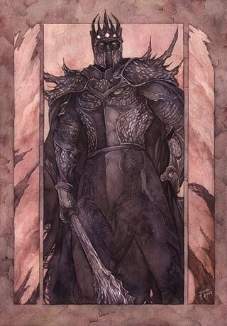A dark, armored figure wearing a spiked crown and holding a staff stands in a framed, parchment-like image. The overlaid…