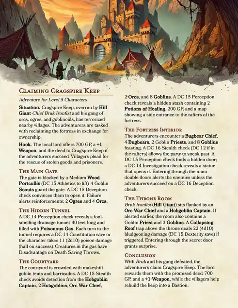 Level 5 Adventure: The Quest for Cragspire Keep