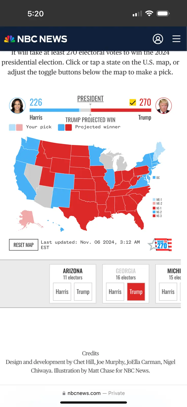 An NBC News interactive map for the 2024 U.S. presidential election shows a projected win for Trump with 270 electoral…