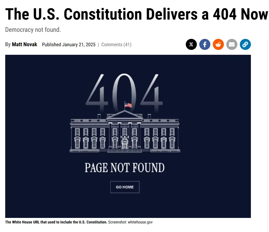 The image shows a mock 404 error page with a large '404' above a white line drawing of the White House, which has an…