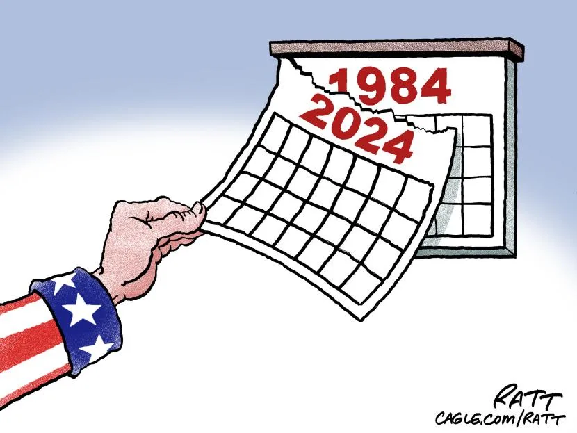 A cartoon hand wearing an American flag sleeve pulls a calendar page from a wall calendar, revealing the year 2024 while the…