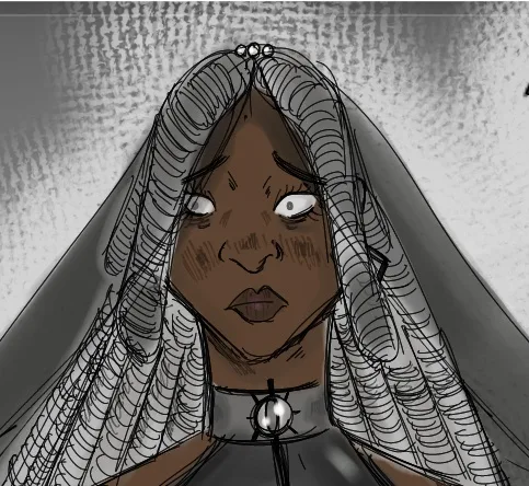 A grayscale digital illustration of a Black woman with wide, teary eyes and a sorrowful expression, wearing a veil and a…