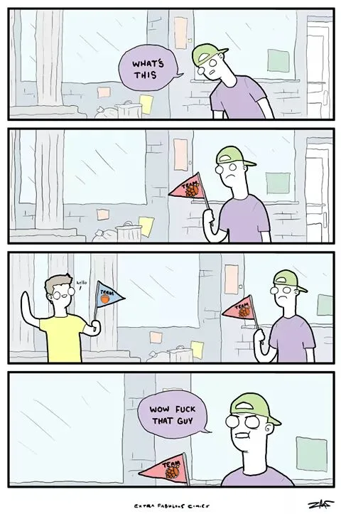 A four-panel comic strip shows a man in a green cap holding a small red flag with a cartoon bear and the word 'TEAM' on it…