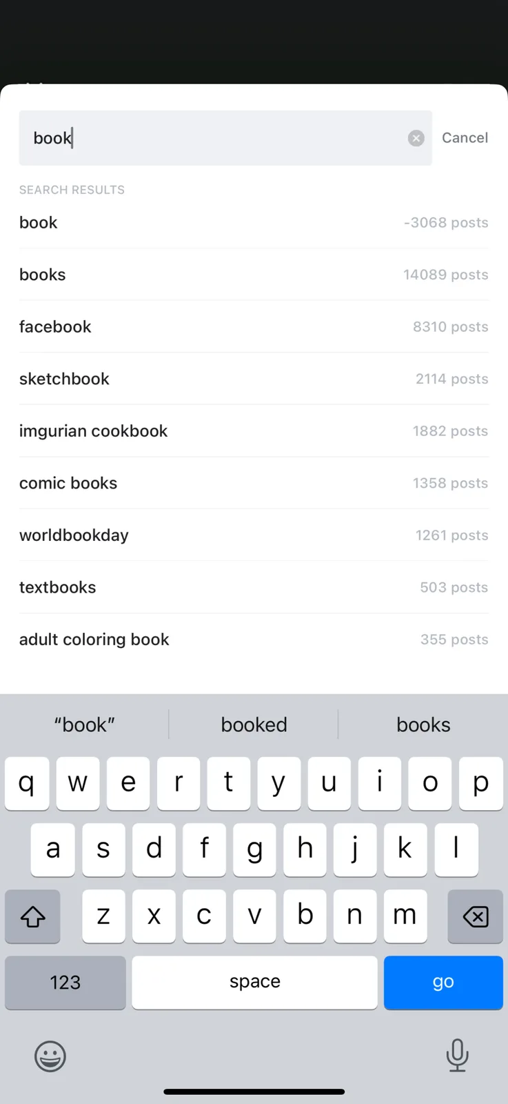 A smartphone screen shows a search bar with 'book' typed in, displaying search results including 'books', 'facebook'…