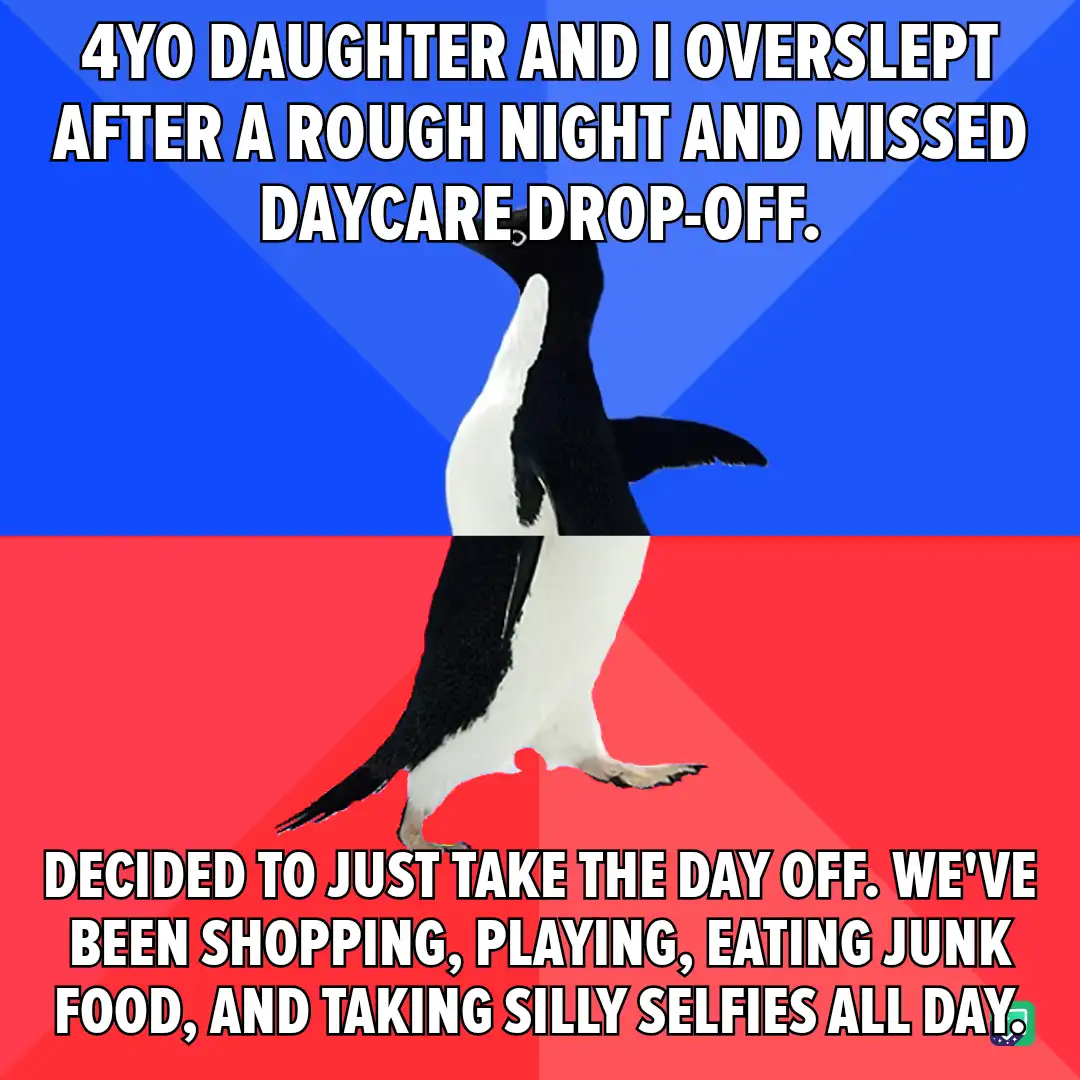 A penguin stands in the center of the image, split by a blue and red background. The top text reads '4YO DAUGHTER AND I…