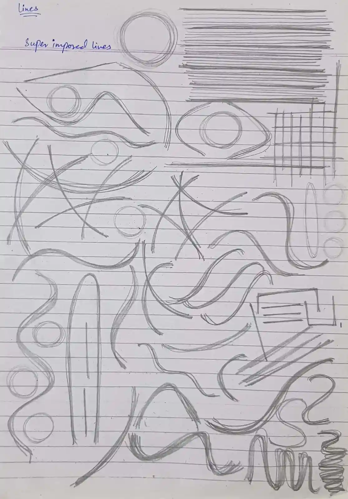 A hand-drawn sketch on lined notebook paper shows various pencil line art examples, including circles, wavy lines, grids…