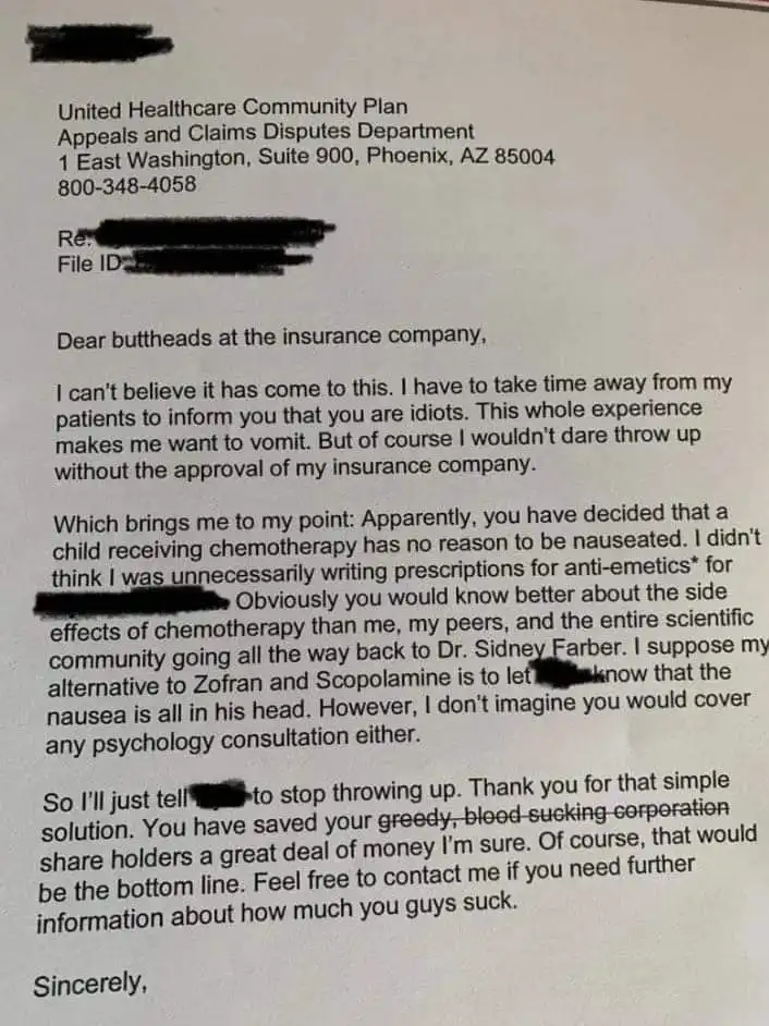 A letter from a doctor to United Healthcare's Appeals and Claims Disputes Department, sarcastically complaining about…