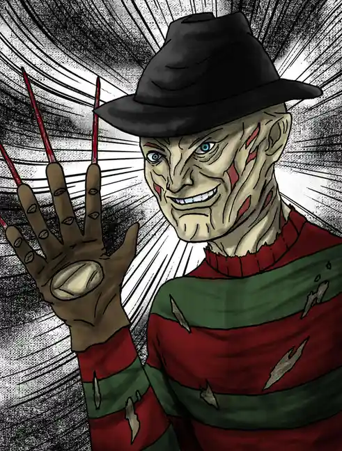 A cartoon-style illustration of Freddy Krueger, the iconic horror movie villain, wearing his signature black fedora…