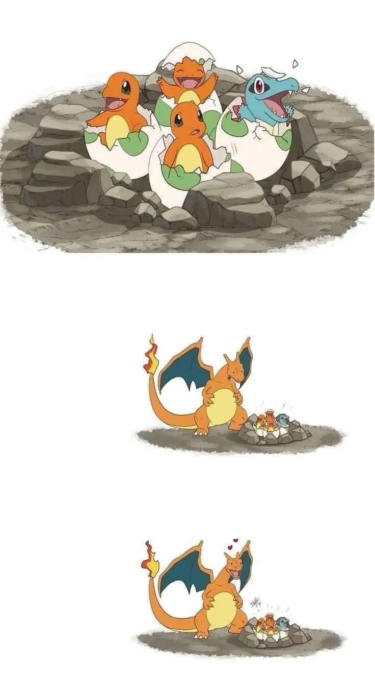 The image shows three panels. The top panel depicts three baby Pokémon—two Charmanders and a Squirtle—hatching from eggs in…