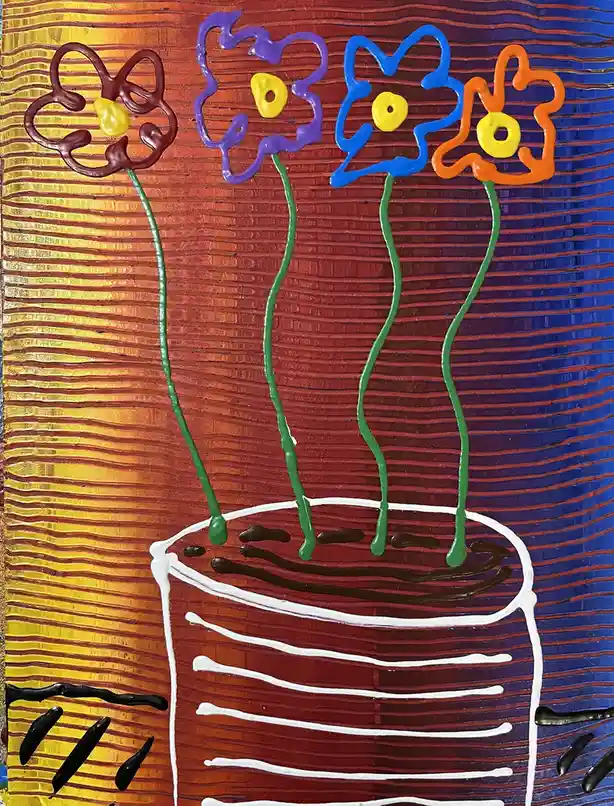 A colorful, textured painting depicts four stylized flowers with brown, purple, blue, and orange petals and yellow centers…