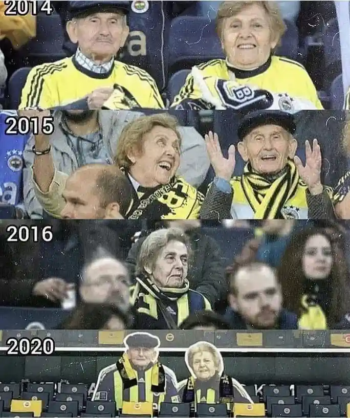 A four-panel meme showing an elderly couple in Fenerbahçe soccer jerseys at a stadium in 2014, 2015, and 2016, visibly happy…