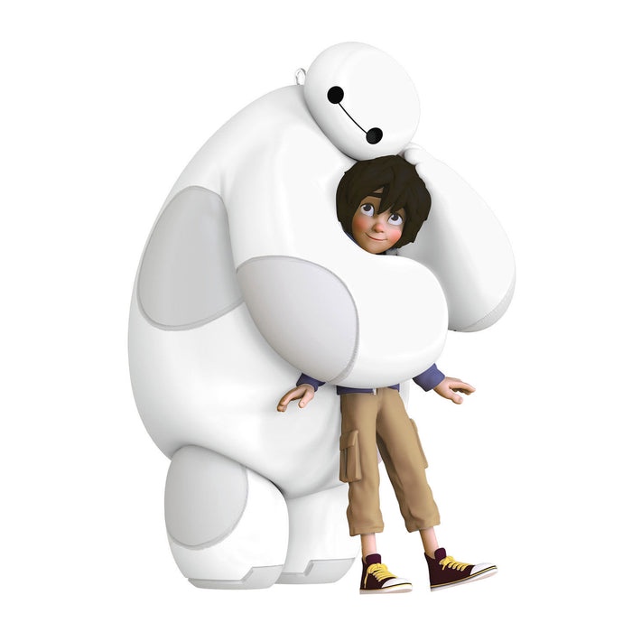 A white, inflatable robot named Baymax from Big Hero 6 is hugging a boy named Hiro Hamada, who is peeking out from Baymax's…