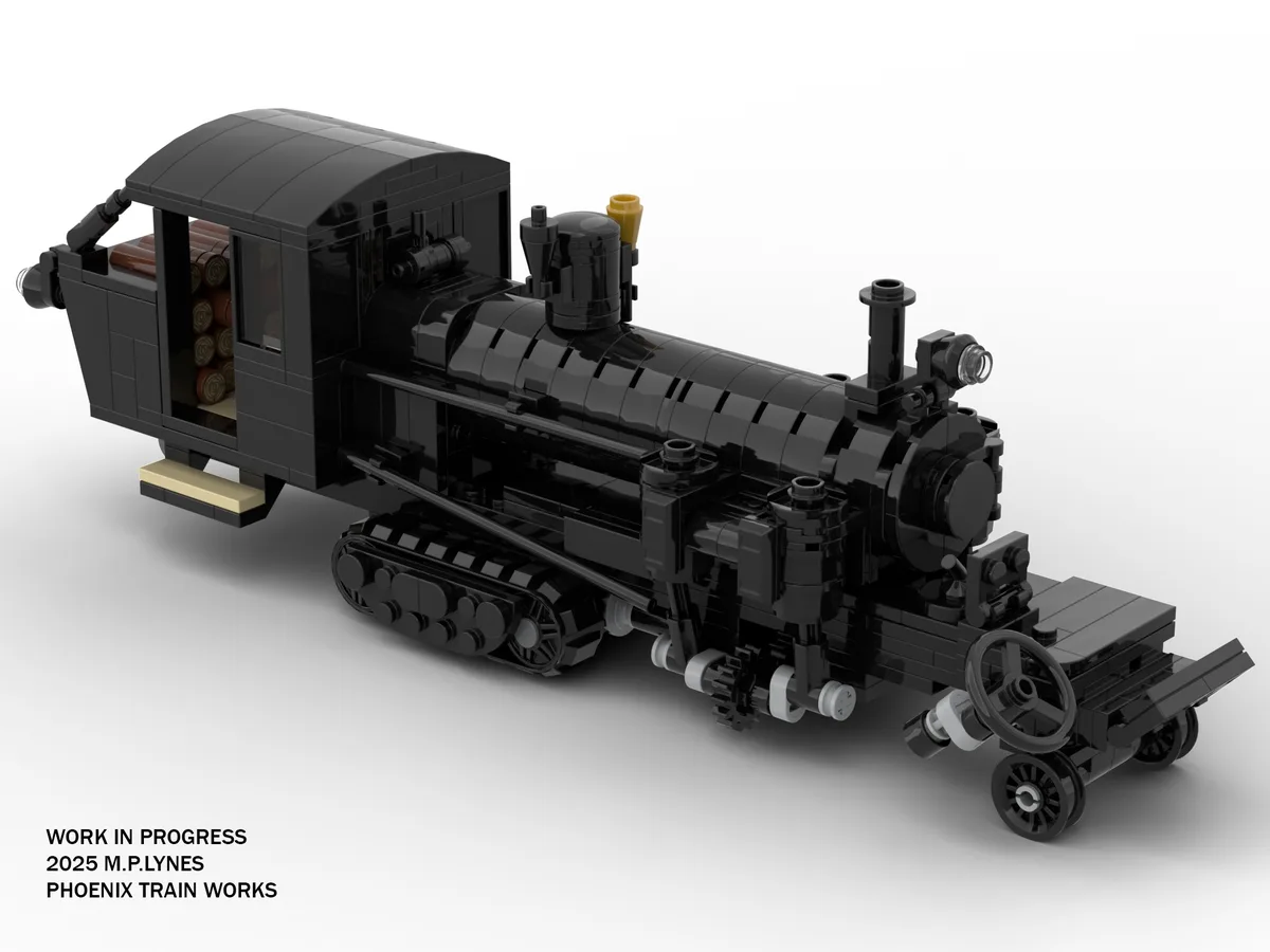 A detailed black LEGO model of a steam locomotive with a caboose, featuring visible brick construction, a smokestack, and a…