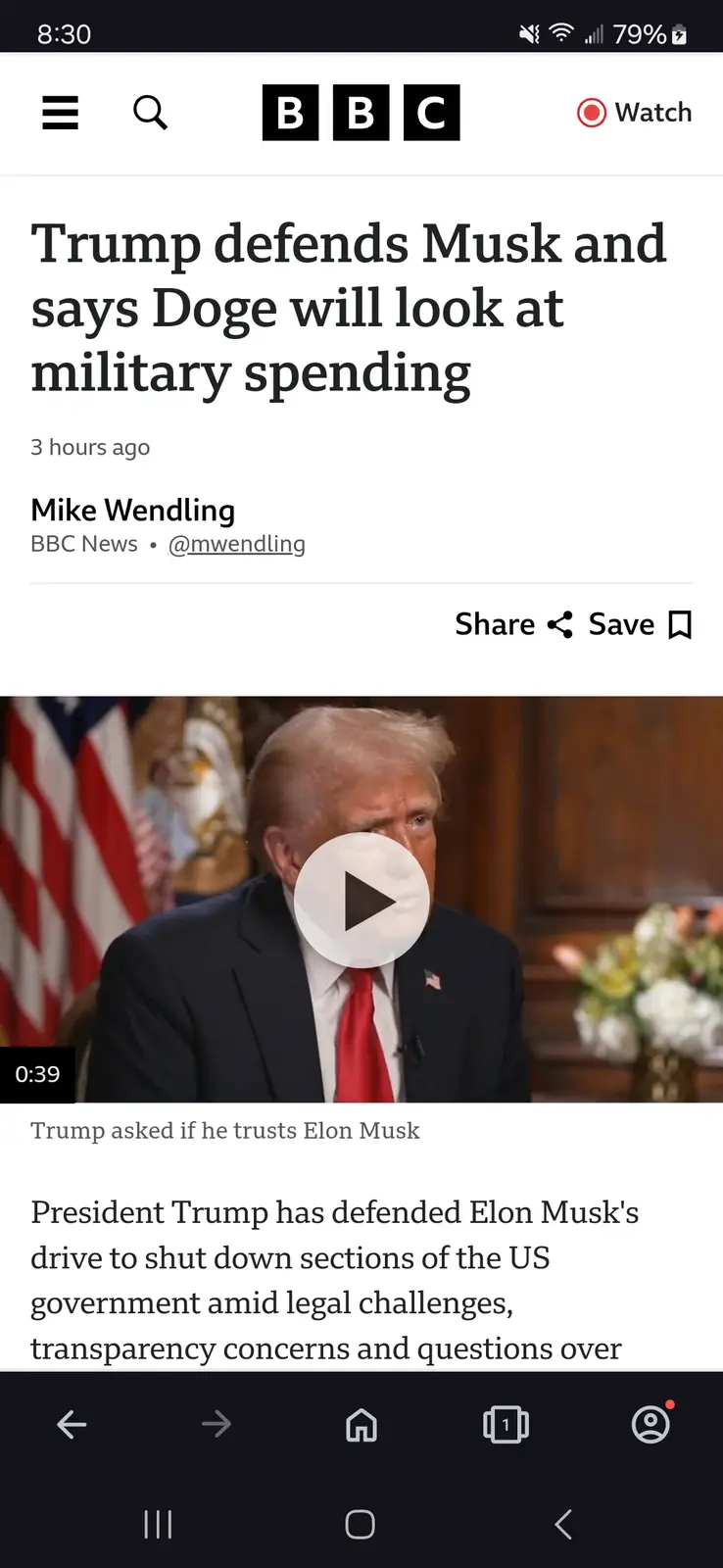A screenshot of a BBC News article with a video thumbnail of Donald Trump. The headline reads 'Trump defends Musk and says…